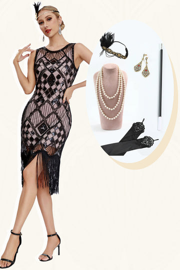 Scintillante nero fard frangia 1920s Gatsby Abito con 20s accessori set